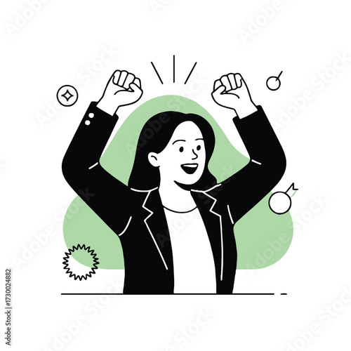 Vector art of a woman in a suit is celebrating success, she is happy and excited about her achievement and looks very energetic