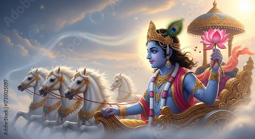 Colorful Hindu Deity Lord Krishna Chariot Scene with Horses and Lotus Flower in Sky
