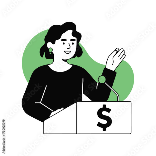 Vector art of confident woman giving a speech at a podium with a dollar sign, she is speaking about finance and economics