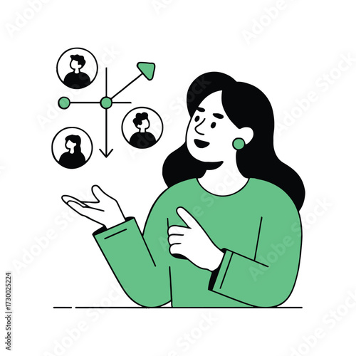 Vector art of woman presenting a network diagram with people icons, she is explaining a business strategy or organizational structure