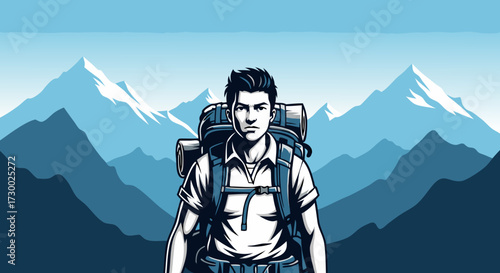Man standing with a backpack against a backdrop of majestic mountains, symbolizing adventure and exploration in the great outdoors