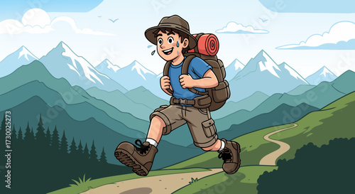 A young boy with a backpack is hiking on a mountain trail, enjoying a beautiful scenic view of snow-capped peaks under a clear blue sky