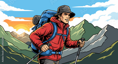 Adventure awaits A lone hiker embraces the majesty of the mountains under a golden sunrise, inspiring the spirit of exploration and the thrill of the outdoors