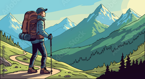 A solitary hiker pauses on a winding mountain trail, gazing at the majestic, snow-capped peaks under a clear sky, embracing the serenity of the wilderness