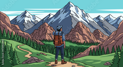 A lone hiker with a backpack gazes at a majestic mountain range, surrounded by lush green trees and a winding path through a scenic landscape