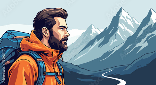 A courageous hiker with a backpack gazes at the majestic mountain range, ready for adventure