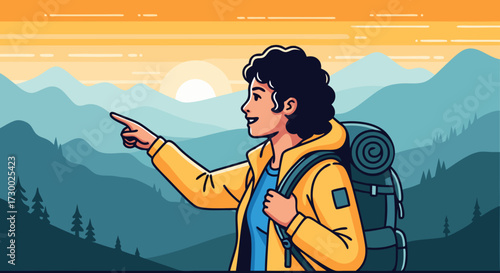 Young woman with backpack on a mountain adventure, pointing towards a scenic sunrise over rolling hills and evergreen forests, illustration