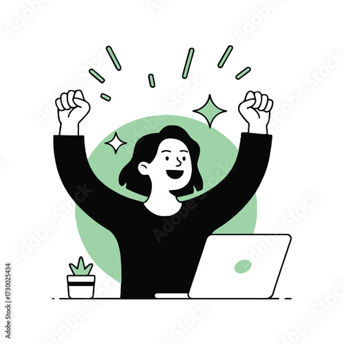 Vector art of excited woman celebrating success at her desk with a laptop, she is happy and raising her arms in the air with joy