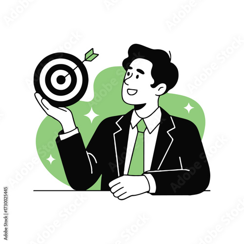 Vector art of a man in a suit holds a target with an arrow in the center, symbolizing success and achievement a vector illustration