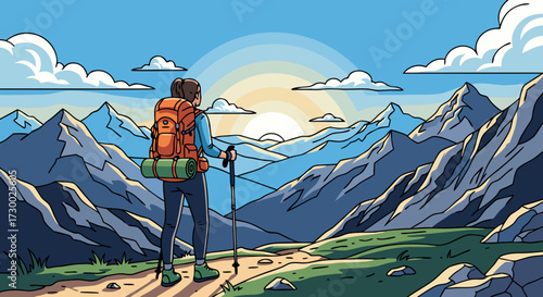 A solitary hiker pauses to admire the majestic mountain range bathed in the warm glow of a rising sun, embracing the serene beauty of nature's grand spectacle