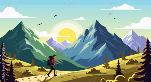 Vibrant illustration of a solo hiker ascending a scenic mountain trail under a bright, sun-drenched sky, embracing adventure and the great outdoors