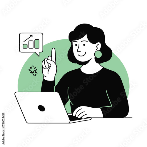 Vector art of a woman with a laptop having a bright idea about business growth a vector illustration of innovation