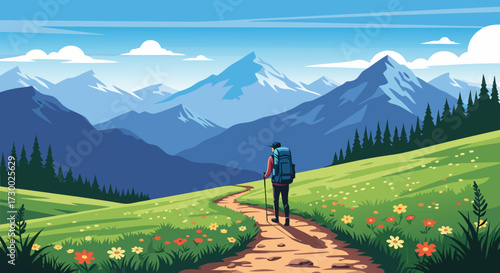 A lone hiker traverses a vibrant green mountain trail adorned with wildflowers, with majestic snow-capped peaks visible under a clear blue sky