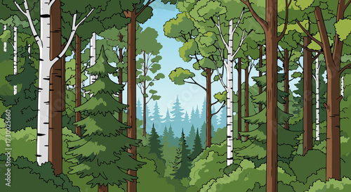 A serene and lush forest scene with a mix of tall birch and evergreen trees, creating a vibrant, natural landscape under a clear blue sky