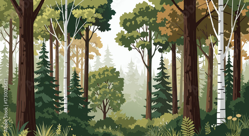 A tranquil forest scene with a variety of trees, including birch and pine, bathed in soft, diffused light, evoking a sense of peace and natural beauty