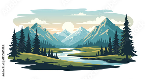 Scenic mountain range with a tranquil river flowing through a lush forest valley under a clear, sunlit sky, evoking peace and natural beauty