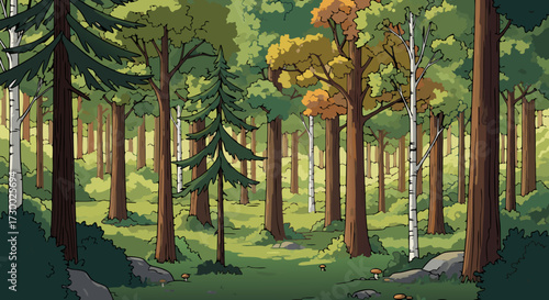 A serene and sun-dappled forest scene, showcasing lush green trees and dappled sunlight filtering through the canopy, evoking a sense of natural tranquility and outdoor beauty
