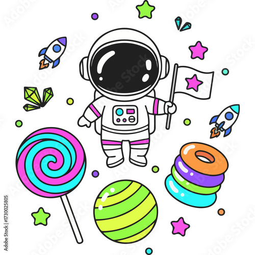 An adventure in a sweet candy galaxy. A little astronaut explorer surrounded by lollipops, stars and planets. A magical and playful scene for any children's imagination project.