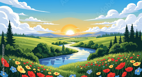 Vibrant spring landscape with a winding river flowing through lush green fields under a warm, glowing sunrise with colorful wildflowers in the foreground and distant mountains