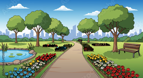 Vibrant City Park Landscape with Flower Beds, Trees, Pond, and Walking Path Under a Clear Sky with City Skyline in the Background