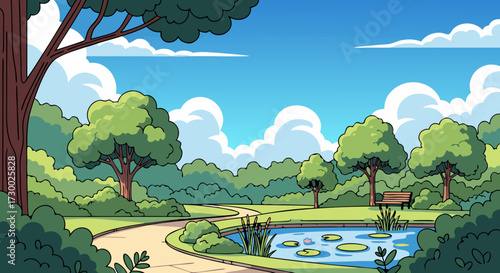 A serene cartoon park scene unfolds with a winding path leading to a tranquil pond, surrounded by lush green trees and a bright blue sky with fluffy white clouds
