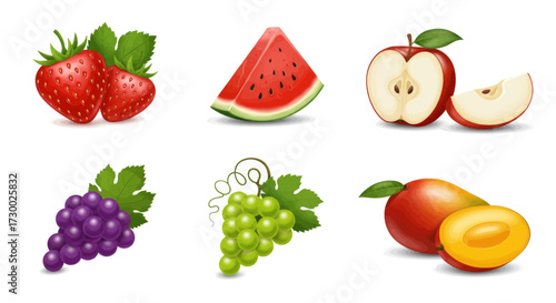 Vibrant Vector Illustrations of Fresh Fruits including Strawberries, Watermelon, Apple, Grapes, and Mango