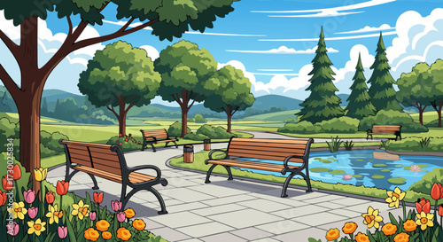 A serene park scene with blooming tulips, daffodils, and benches beside a tranquil pond, under a clear blue sky with fluffy clouds, inviting outdoor relaxation and nature appreciation