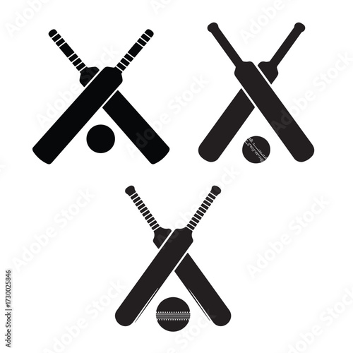 Three cricket bats crossed with balls icon set for sports and games