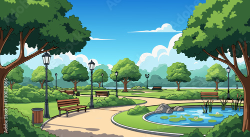 Serene park scenery with lush green trees, tranquil pond with water lilies, and comfortable benches inviting relaxation on a sunny day
