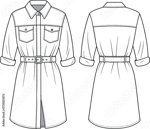 Flat technical sketch of long sleeve belted shirt dress, front and back view, buttoned pockets, CAD drawing vector fashion illustration.