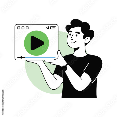 Vector art of a man holding a video player with a play button, showcasing online video content and digital entertainment
