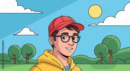 A smiling young person wearing a red baseball cap and glasses, depicted in a cartoonish illustration style with a backdrop of green hills and a bright sun in a blue sky