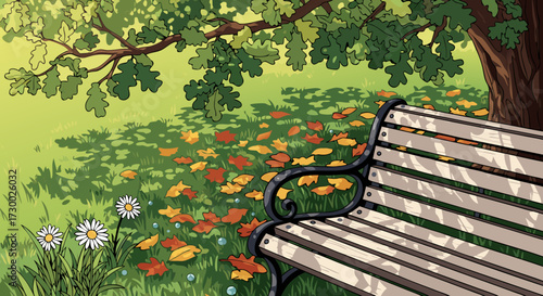 A tranquil park bench bathed in dappled sunlight, with fallen autumn leaves scattered across the grass and delicate daisies blooming nearby, evoking a sense of peace