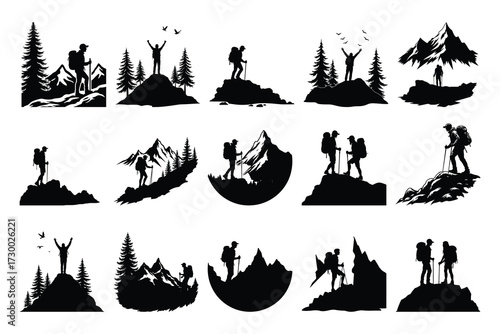 Silhouette hikers on mountain peaks with trees and birds