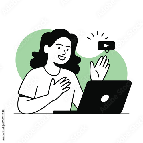 Vector art of a cheerful woman with dark hair is participating in a video conference on her laptop, waving her hand in greeting