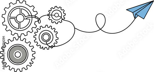Paper airplane flying past gears simple design