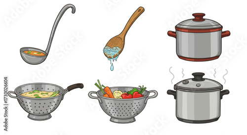 Set of cooking utensils and kitchenware, including pots, colanders, and a ladle, illustrated in a vector format