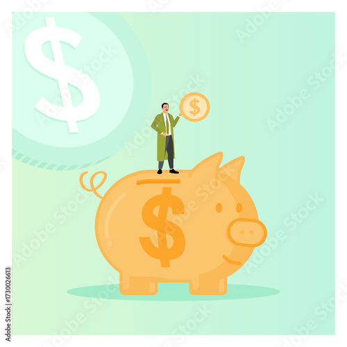 Account Holder Concept. Large savings. Showing a man standing on a large piggy bank.