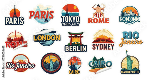 Collection of travel destination stickers featuring iconic landmarks isolated on transparent background