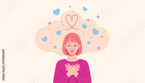 Vector art of young woman with pink hair and closed eyes, holding hands over her chest, with a thought bubble filled with hearts above her head, conveying love and positive emotion 