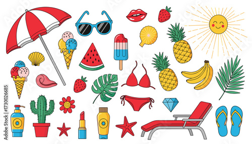 Vector art of collection of summer vacation icons and symbols, including beachwear, food, and accessories 