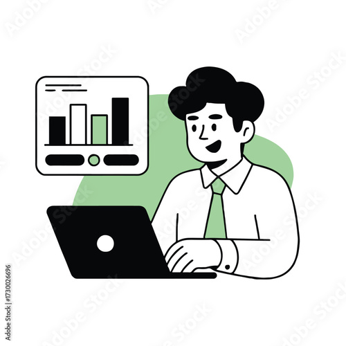 Vector art of a businessman is working on his laptop, analyzing data and charts, he is wearing a suit and tie, and looking at the screen