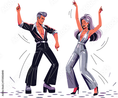 Retro disco dancers, man and woman in vintage outfits, dancing with energy, 70s style, nightlife party celebration, dance illustration.