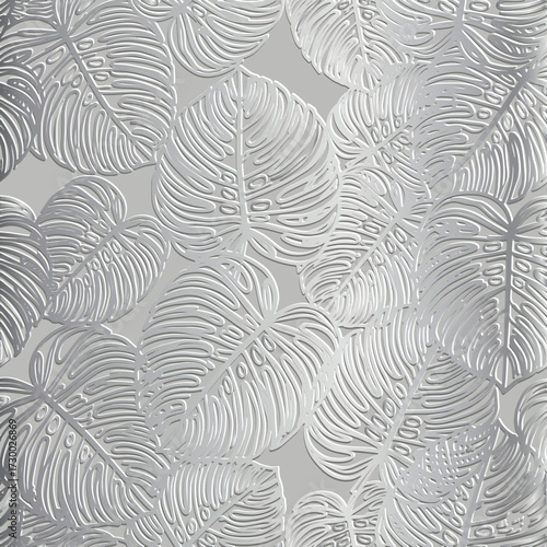 3d emboss luxury tropical seamless pattern with relief line art monstera leaves. Vector beautiful background with embossed surface silver leaves. Hand drawn textured 3d design with embossing effect.
