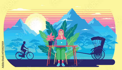 Vector art of woman working remotely on laptop at desk with mountains and rickshaw in background, cyclist on left, sunrise, vibrant colors 