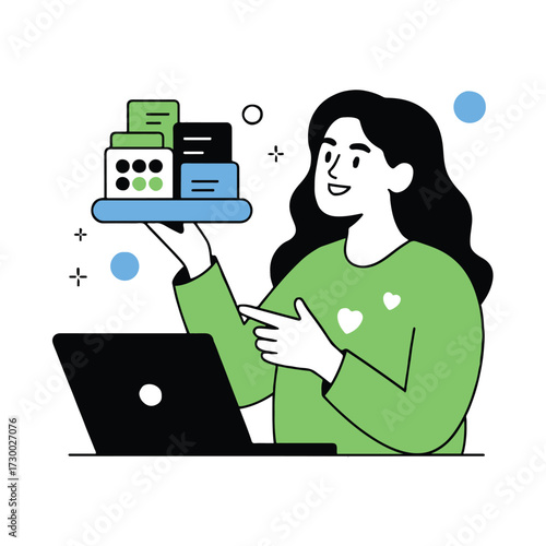Vector art of a woman presents a business growth chart on her laptop, she is smiling and gesturing towards the chart with her hand raised