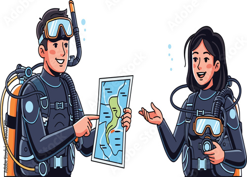 Scuba divers exploring underwater adventure, man and woman in diving suits with oxygen tanks, studying map, marine exploration, aquatic travel illustration.