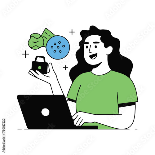 Vector art of a woman is working on her laptop, with a lock and a data cloud floating above her she is smiling and appears to be happy