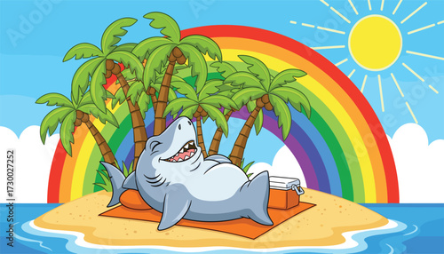 Vector art of a cartoon shark is relaxing on a tropical island under a rainbow and sun, enjoying a vacation 