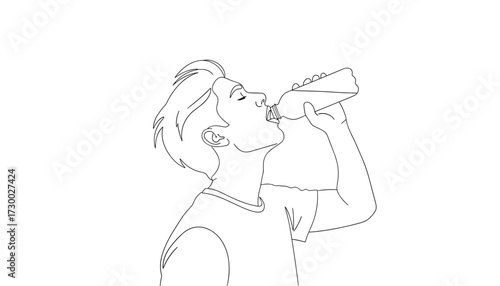 Vector art of line art illustration of a young man drinking from a bottle 